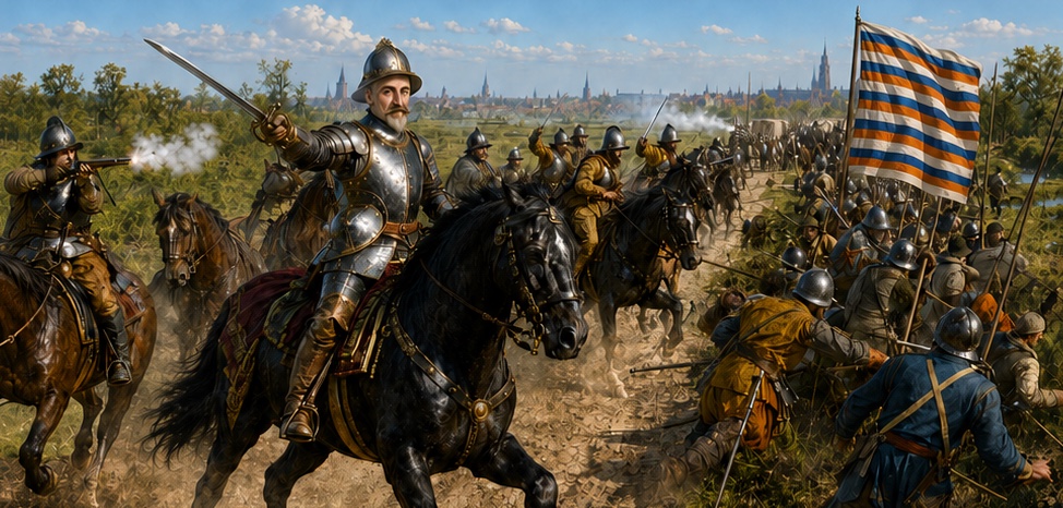 Spanish horsemen under Francisco de Valdés strike the relief army’s infantry in the flank