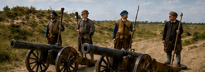 Four men beside two field guns in the dunes